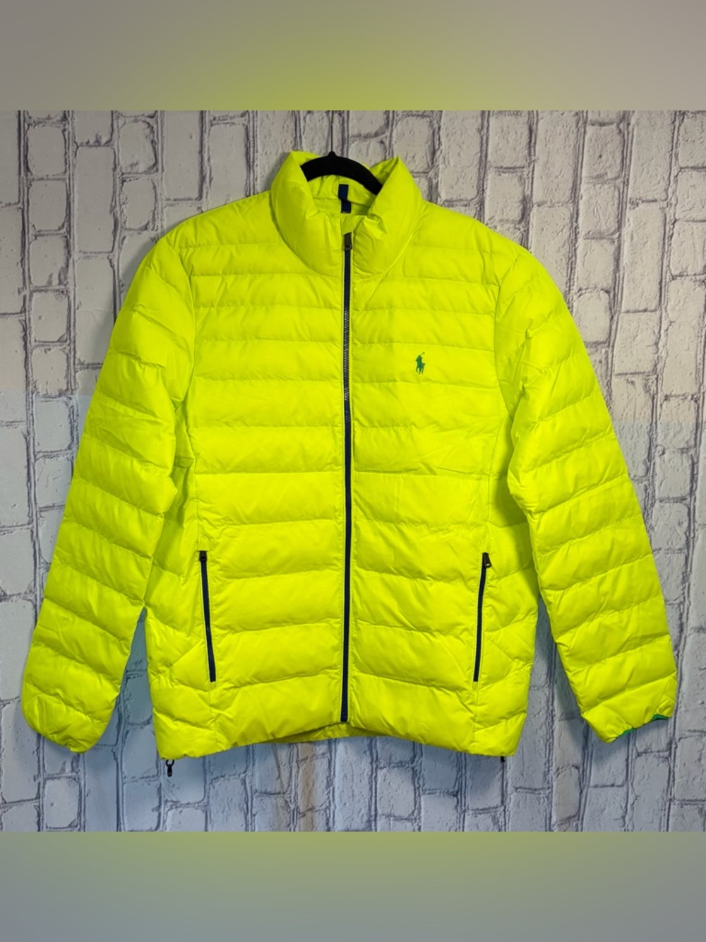 Polo Ralph Lauren Size :M Men’s Neon Yellow Quilted Puffer Jacket with Navy Trim
